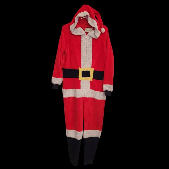 Santa Claus Fleece One piece Pajamas costume Hood & Pom Pom S Christmas - Picture 1 of 7